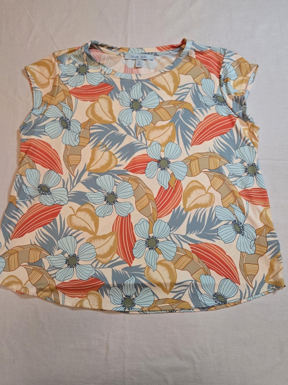 Floral Short Sleeve Tee in Blue, Coral & Tan by Blue Sol